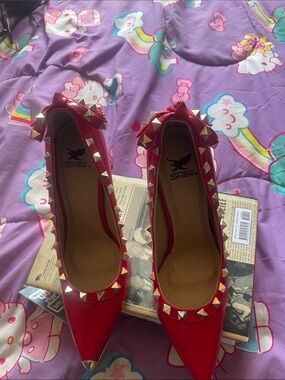 Red Pyramid-Stud Pointed Toe Pumps
